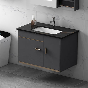 24" Floating Wood Bathroom Vanity Set with Black Stone Top & Ceramic Sink